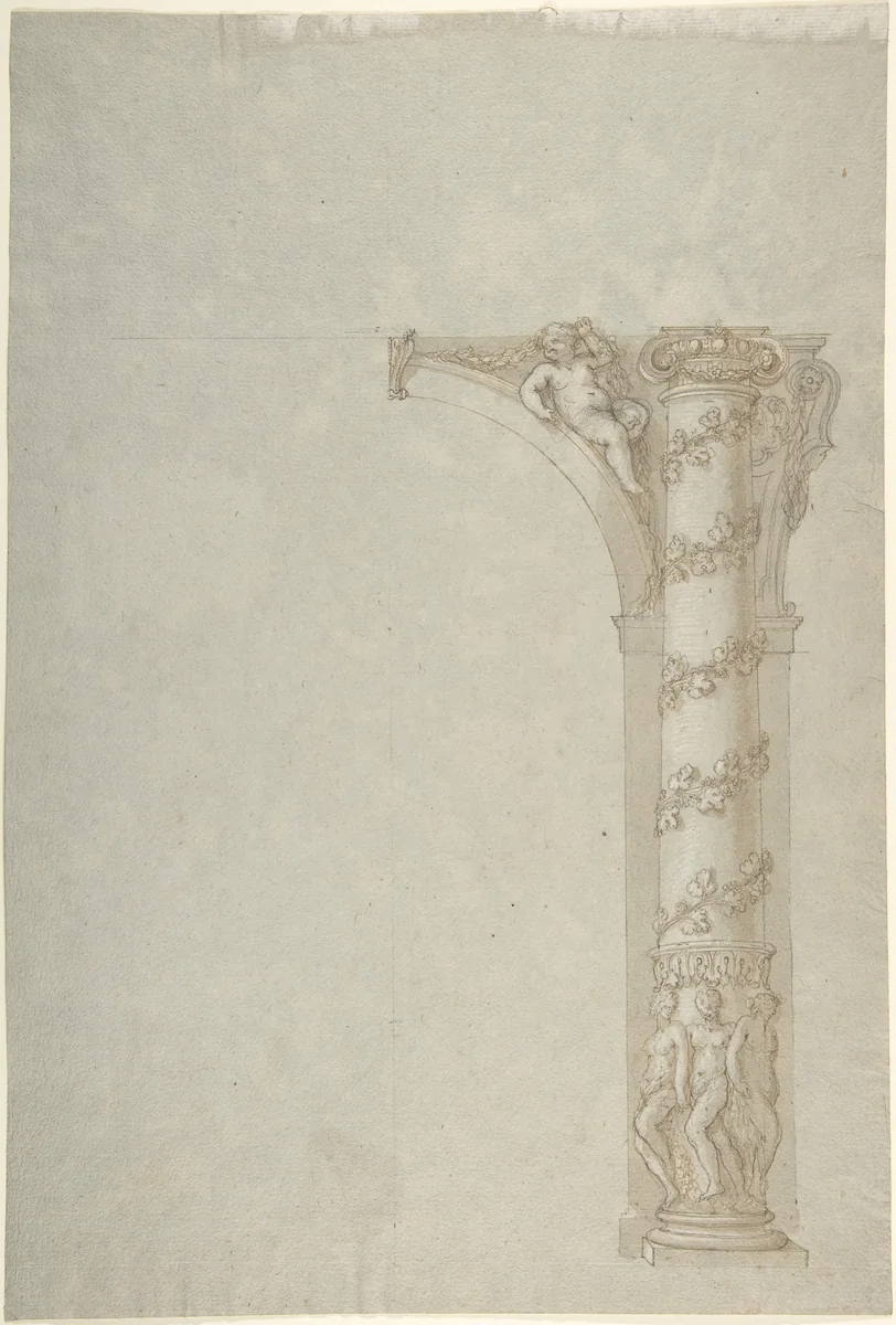 Design for the Bay of an Arcade with Female Figures at the Base and an Arch with a Putto in the Spandrel by anonymous, drawing, 1500-1700