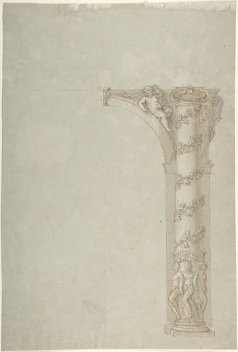 Design for the Bay of an Arcade with Female Figures at the Base and an Arch with a Putto in the Spandrel by anonymous, drawing, 1500-1700