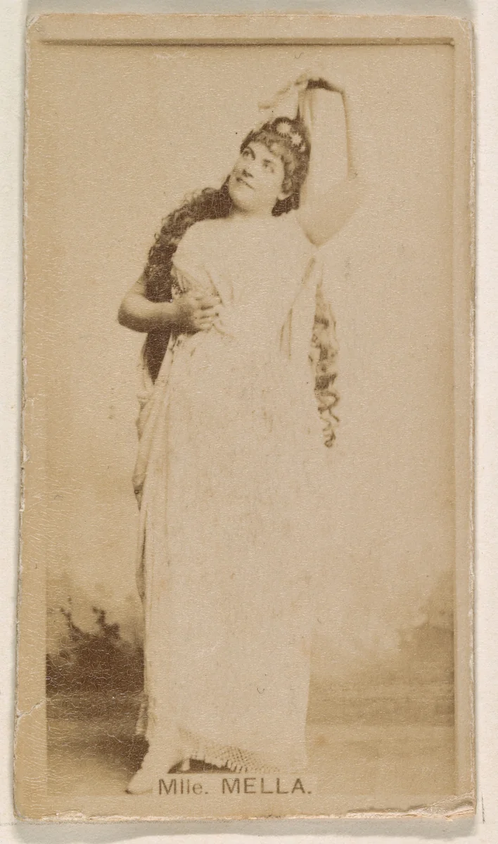 Mlle. Mella, from the Actresses series (N245) issued by Kinney Brothers to promote Sweet Caporal Cigarettes by Kinney Brothers Tobacco Company, photograph, 1890