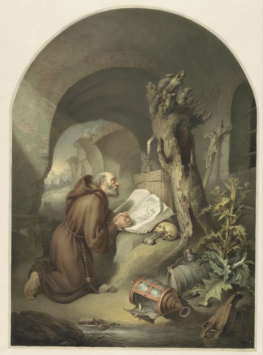 Biddende monnik naar G. Dou by Michał Płoński, drawing, 1807