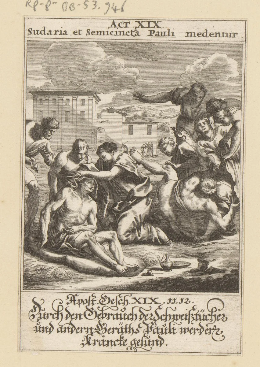 Zieken worden genezen door de zweetdoeken van apostel Paulus by anonymous, print, 1697