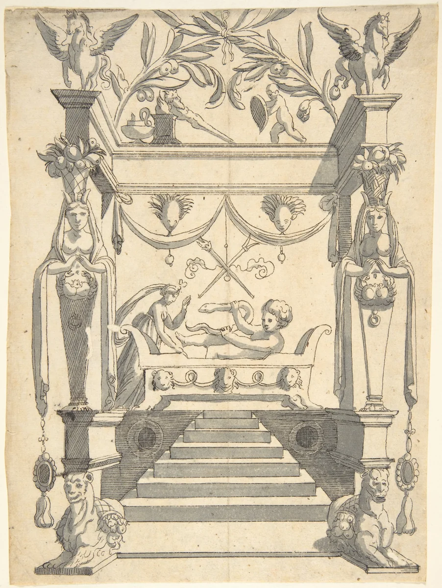 Grotesque with an Architectural Structure with a Young Boy on a Bed, Holding a Snake by anonymous, drawing, 1540-1570