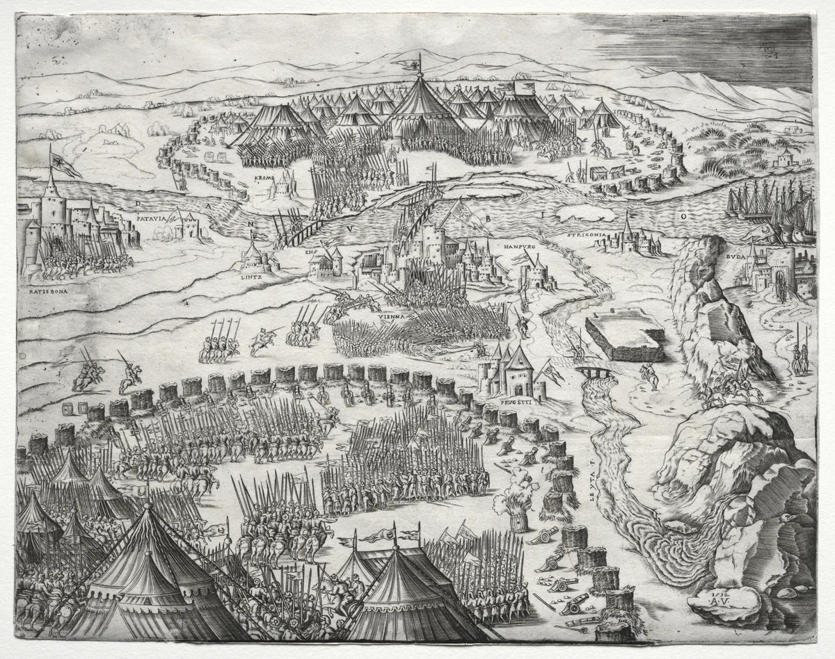 The Position and Camp of the Armies of Charles V and Soliman II by Agostino Veneziano, print, 1532