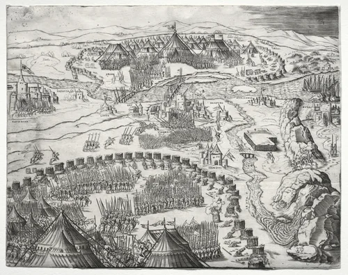 The Position and Camp of the Armies of Charles V and Soliman II by Agostino Veneziano, print, 1532