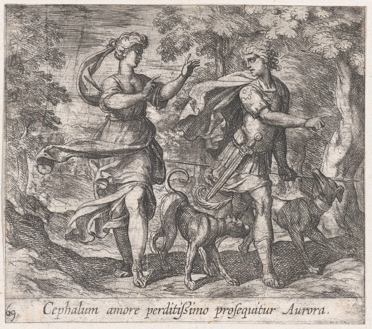 Plate 69: Cephalus and Aurora (Cephalum amore perditißimo prosequitar Aurora), from Ovid's 'Metamorphoses' by Antonio Tempesta, print, 1606