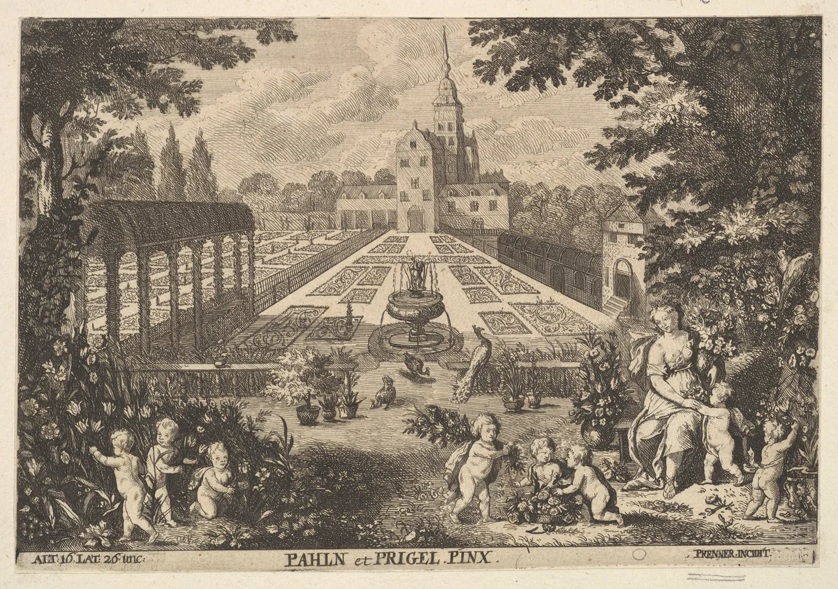 Flora with Putti in a Garden by Anton Joseph von Prenner, print, 1703-1761