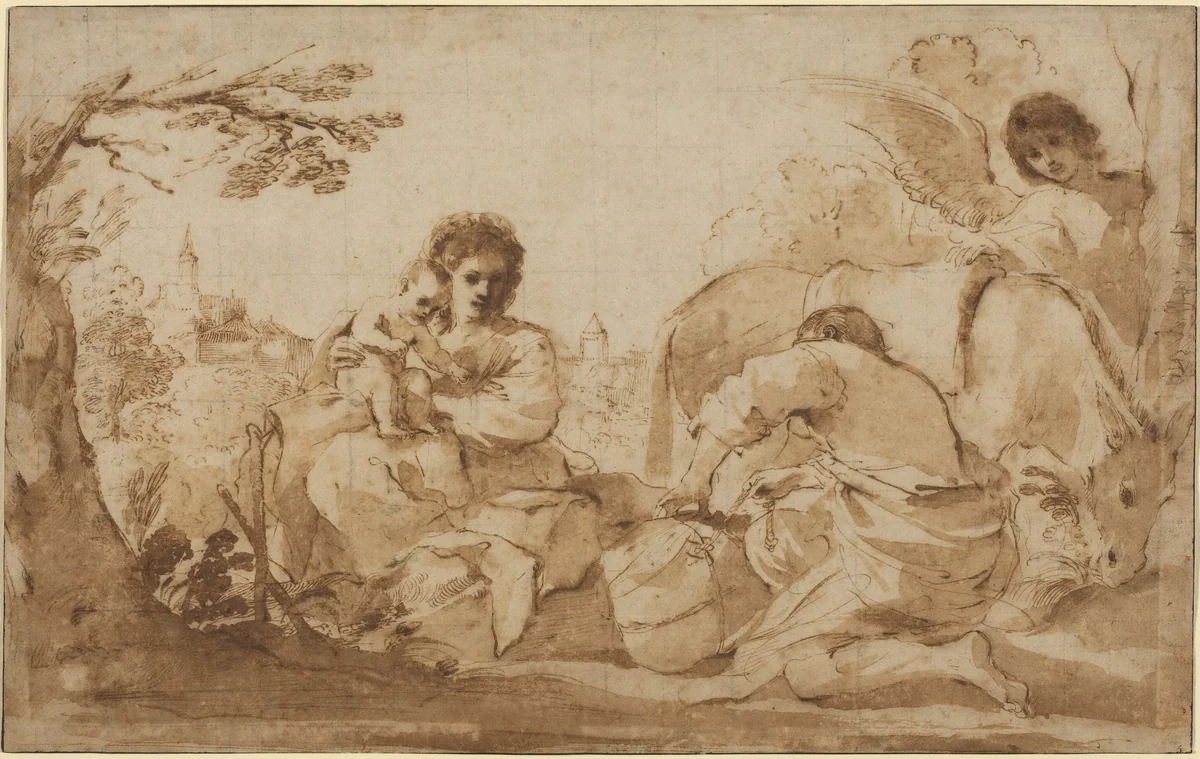 The Rest on the Flight into Egypt by Guercino, drawing, 1626