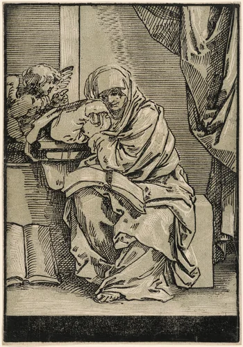Sibyl with a Book and Winged Putto to the Left by Bartolomeo Coriolano; Guido Reni, print, 1700-1750