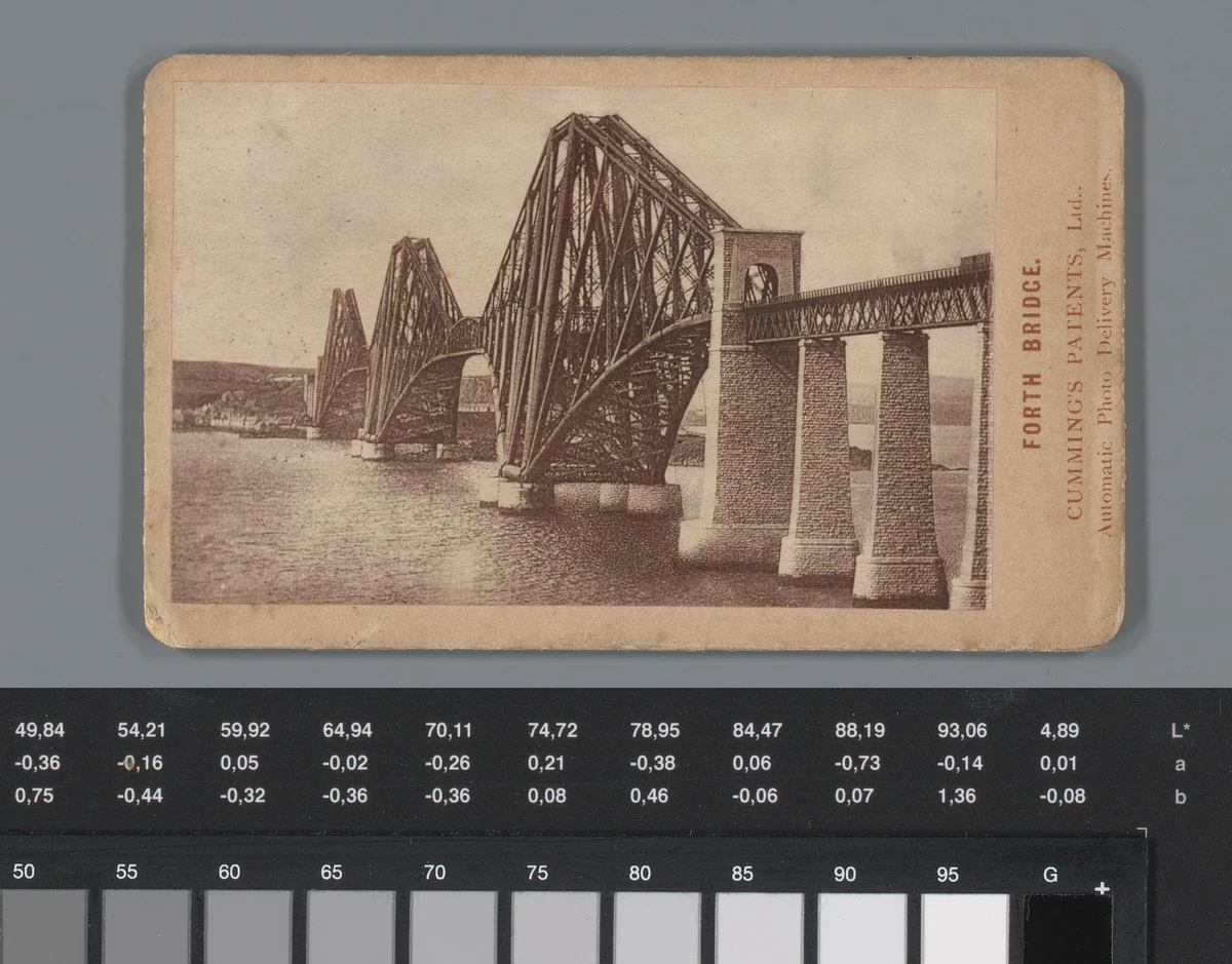 Reclame voor verschillende bedrijven te Edinburgh, met een foto van de Forth Bridge by anonymous, photograph, 1865-1900