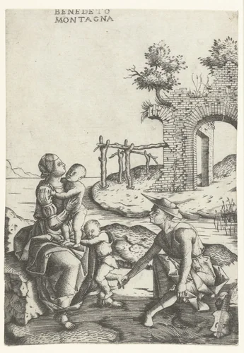 Familie zit aan waterkant vlakbij ruïne by Unknown, print, 1515-1520