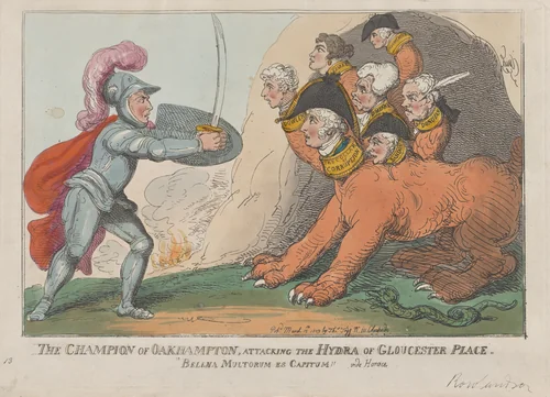 The Champion of Oakhampton, Attacking the Hydra of Gloucester Place by Thomas Rowlandson, print, 1809