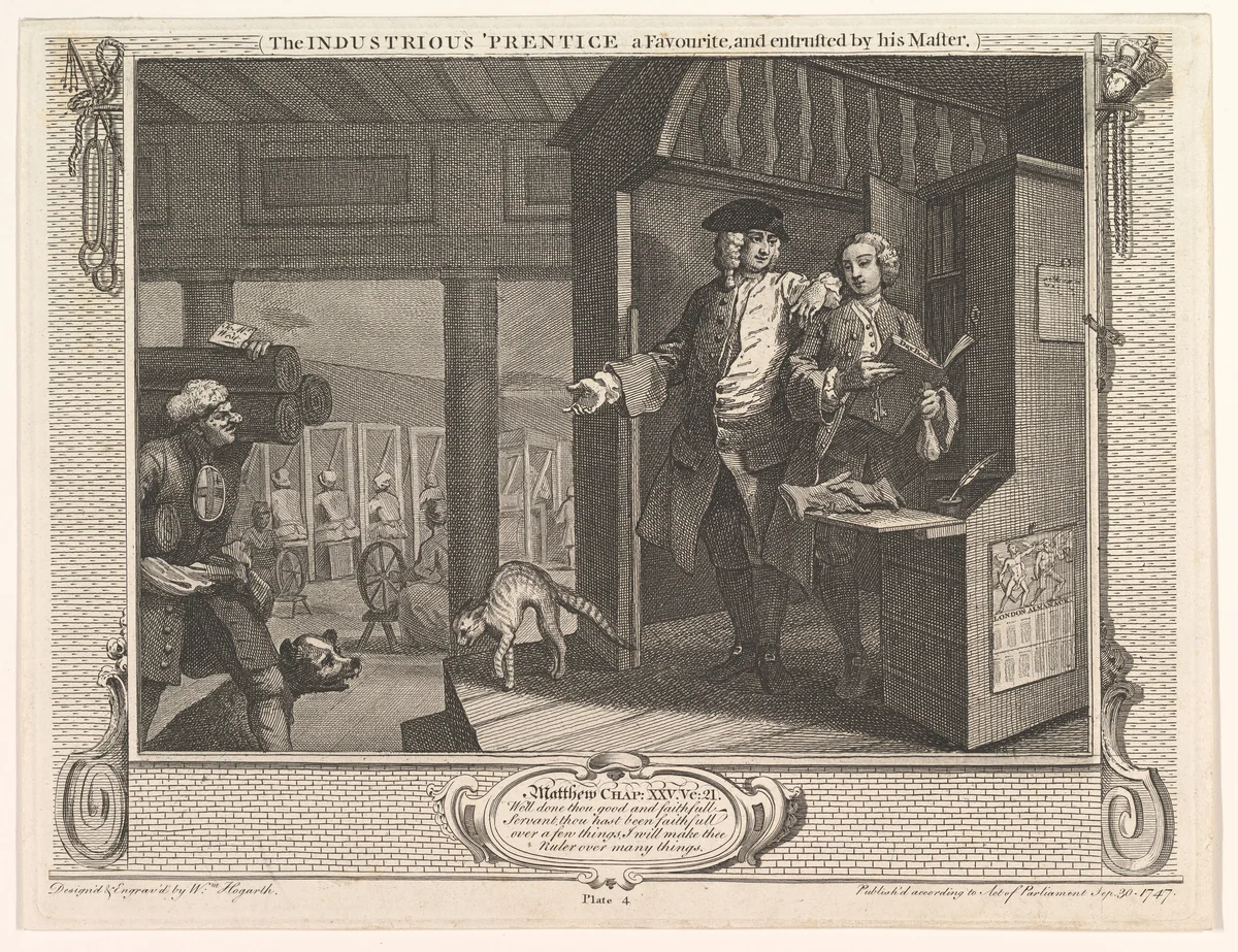 The Industrious 'Prentice a Favorite and Entrusted by his Master (Industry and Idleness, plate 4) by William Hogarth, print, 1747