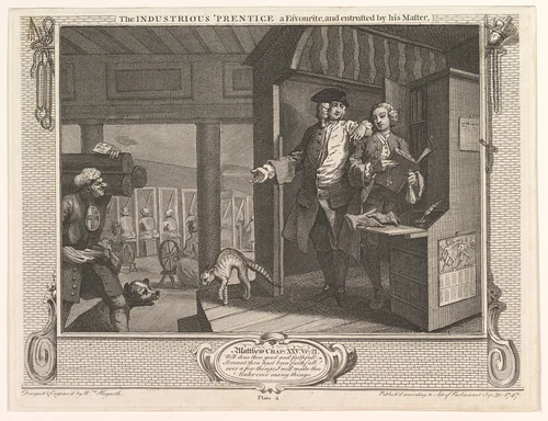 The Industrious 'Prentice a Favorite and Entrusted by his Master (Industry and Idleness, plate 4) by William Hogarth, print, 1747