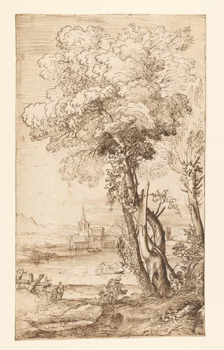 Boomgroep aan een meer in een bergachtig landschap by Giovanni Francesco Grimaldi, drawing, 1652-1662