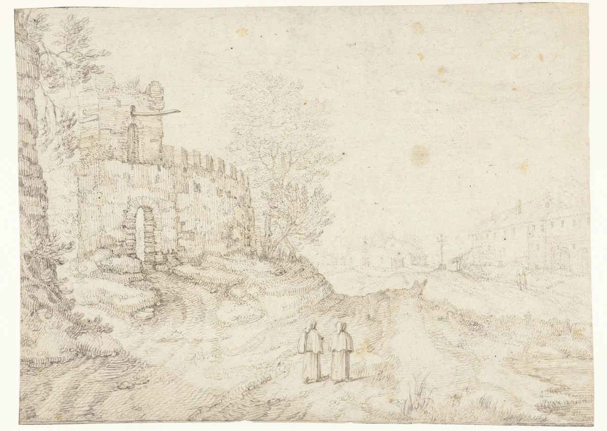 Landweg langs stadsmuur en klooster by anonymous, drawing, 1575-1599