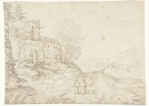 Landweg langs stadsmuur en klooster by anonymous, drawing, 1575-1599