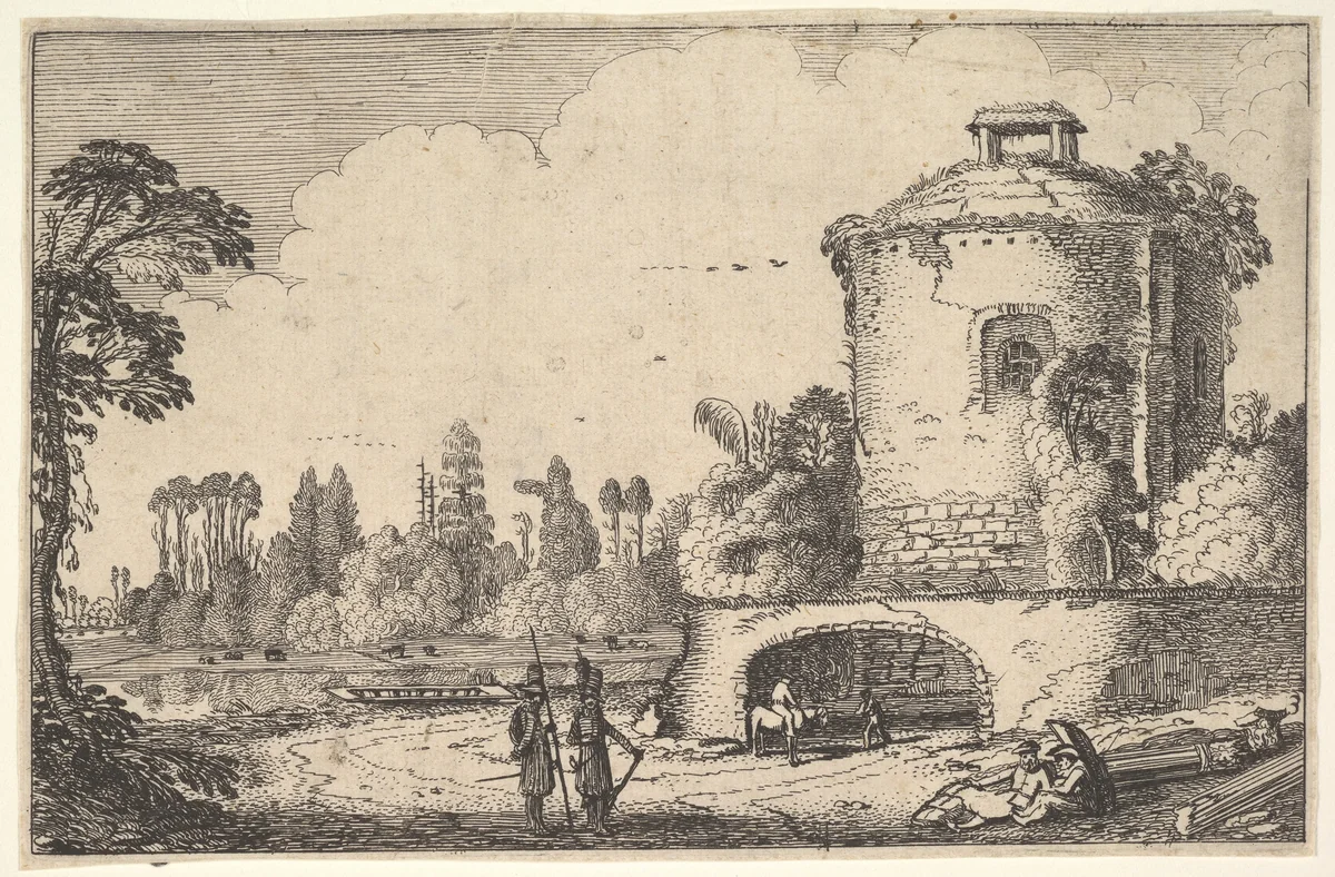 Landscape with a Round Tower by Jan van de Velde, print, 1611-1621