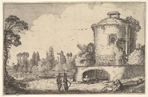Landscape with a Round Tower by Jan van de Velde, print, 1611-1621