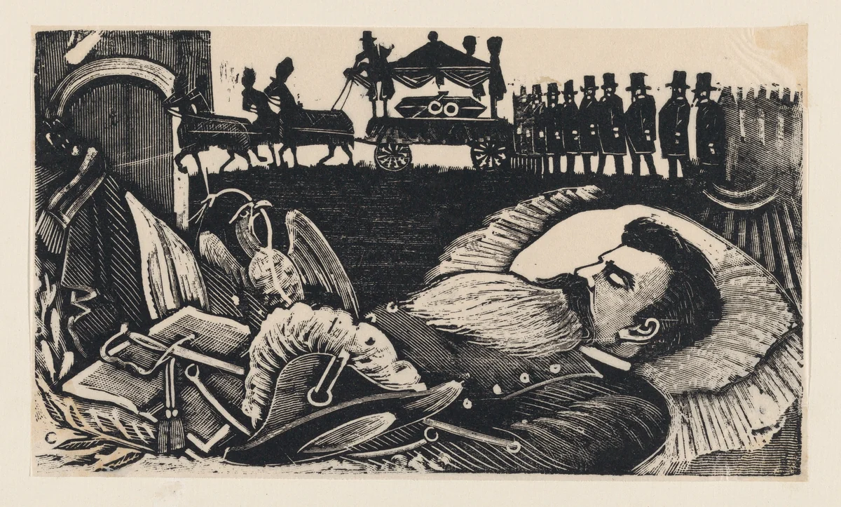 General Manuel González on his deathbed, from a broadside entitled 'Arrival at the capital of the body of General Manuel González' by José Guadalupe Posada, print, 1893