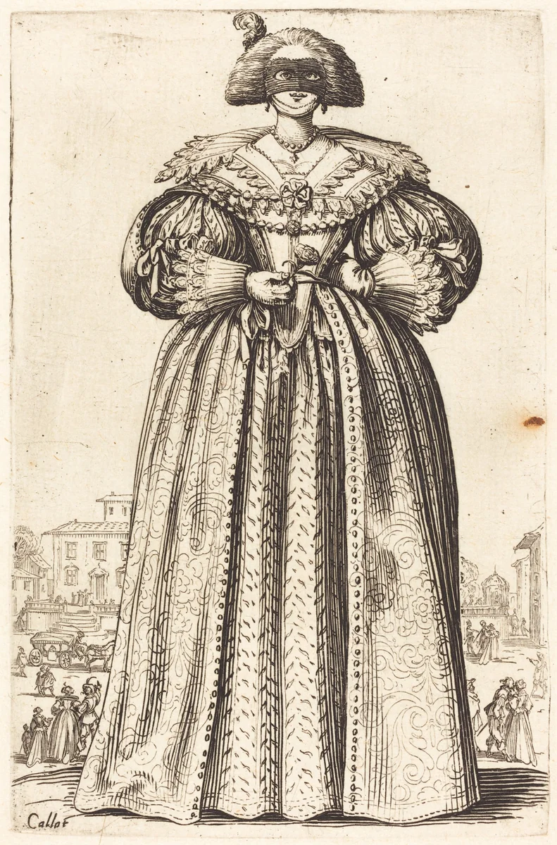 Masked Noble Woman by Jacques Callot, print, 1620-1623