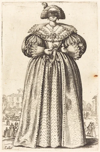 Masked Noble Woman by Jacques Callot, print, 1620-1623