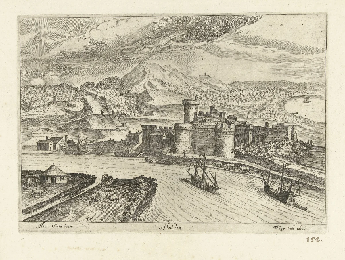 Gezicht op Ostia by anonymous, print, 1585