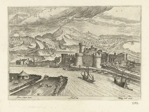 Gezicht op Ostia by anonymous, print, 1585