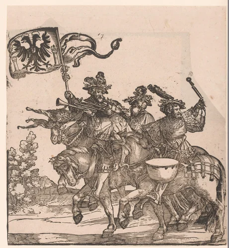 Muzikanten en vlaggendrager te paard by anonymous, print, 1537-1551