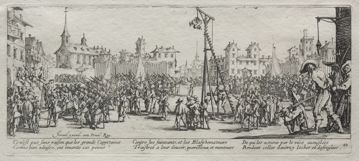 The Large Miseries of War: The Strappado by Jacques Callot, print, 1633