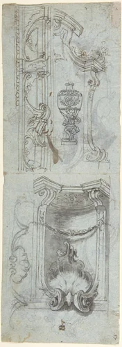 Design of architectural ornaments and an Amphora by anonymous, drawing, 1700-1780