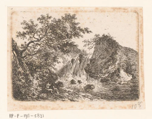 Landschap met een waterval bij rotsen by Sauveur Legros, print, 1796