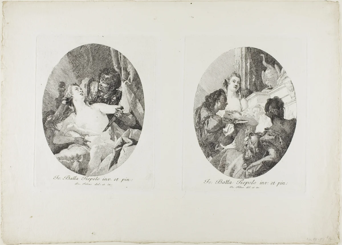 Tarquin and Lucretia and Cleopatra Honored with Gifts by Giovanni Domenico Tiepolo, print, 1745-1750