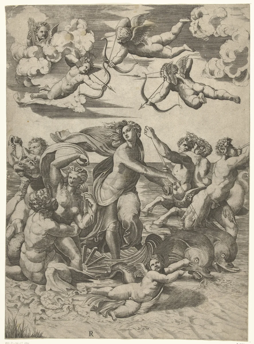 Triomf van Galatea met tritons en nereïden en putti by Unknown, print, 1515-1527