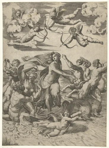 Triomf van Galatea met tritons en nereïden en putti by Unknown, print, 1515-1527