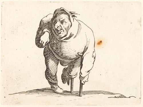 Cripple with Crutch and Wooden Leg by Jacques Callot, print, 1622