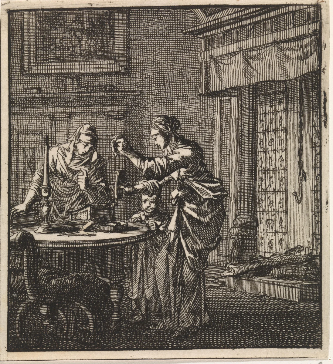Vrouw probeert vonken te slaan met een vuursteen by Jan Luyken, print, 1711