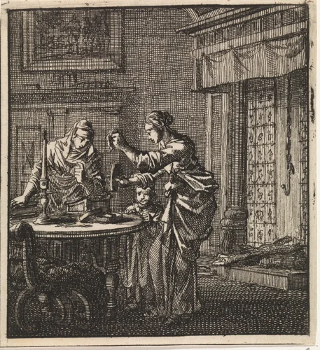 Vrouw probeert vonken te slaan met een vuursteen by Jan Luyken, print, 1711