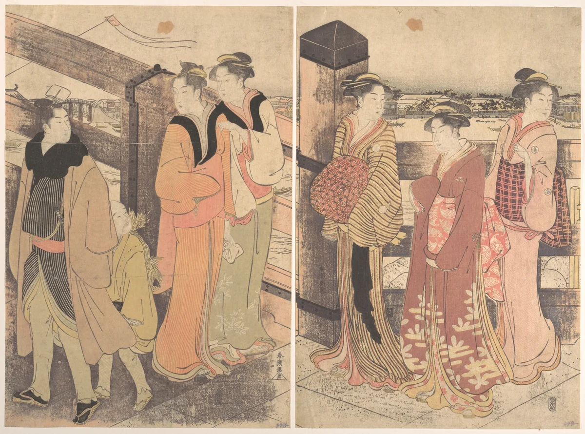 A Group of Women, One Man and a Boy on a Bridge by Katsukawa Shunchō (勝川春潮), print, 1780-1795