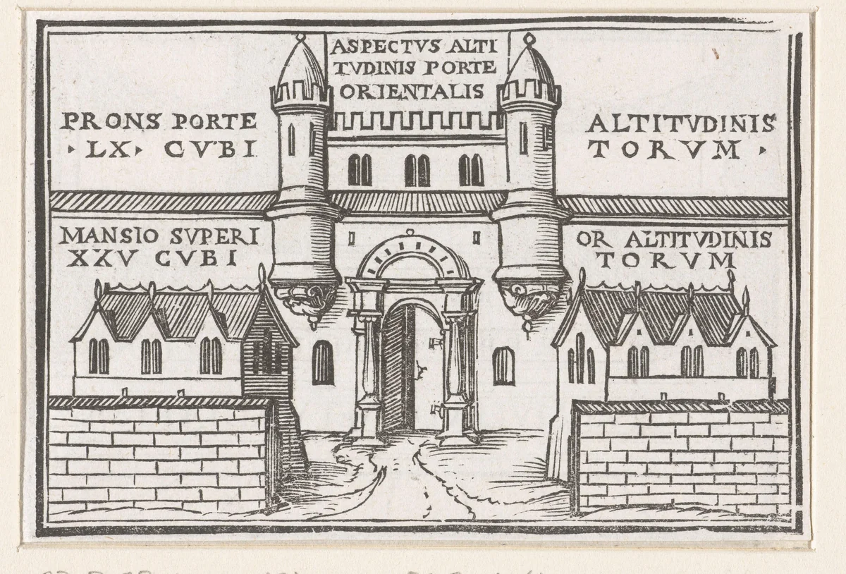 Oostpoort van de nieuwe tempel in visioen van Ezechiël by Hans Holbein, print, 1538