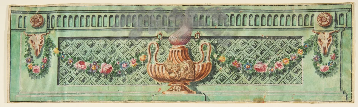 Ornamental Panel with Flaming Lamp and Floral Swags by anonymous, drawing, 1800-1899