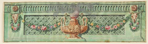 Ornamental Panel with Flaming Lamp and Floral Swags by anonymous, drawing, 1800-1899