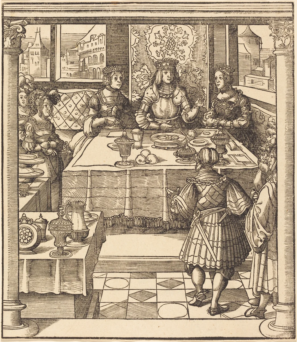 The Young White King between the Queen and Princess of the Feuereisen by Leonhard Beck, print, 1514-1516