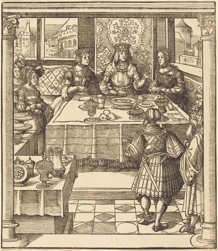 The Young White King between the Queen and Princess of the Feuereisen by Leonhard Beck, print, 1514-1516