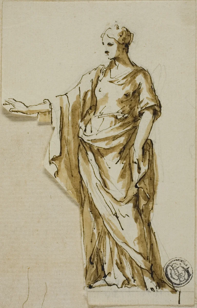 Standing Female Figure with Right Arm Raised by John Michael Rysbrack, drawing, 1713-1770