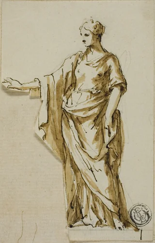 Standing Female Figure with Right Arm Raised by John Michael Rysbrack, drawing, 1713-1770