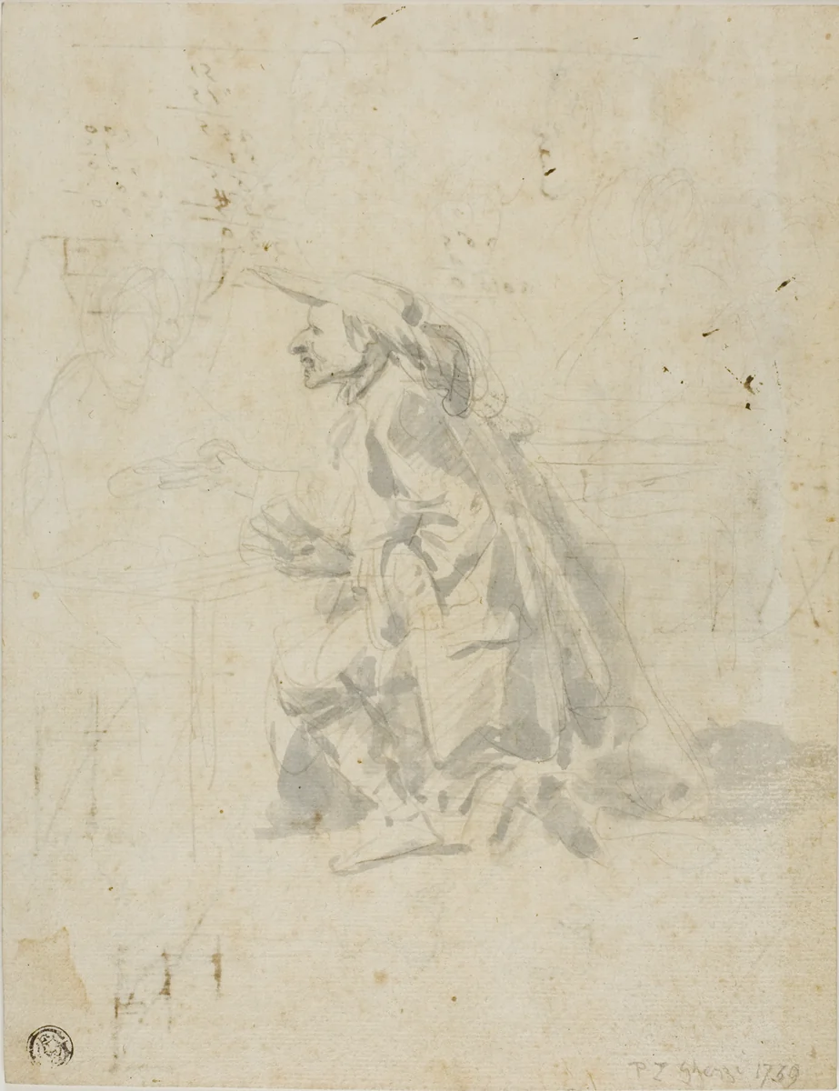 Kneeling Man Approaching Another Figure by Pier Leone Ghezzi, drawing, 1694-1755