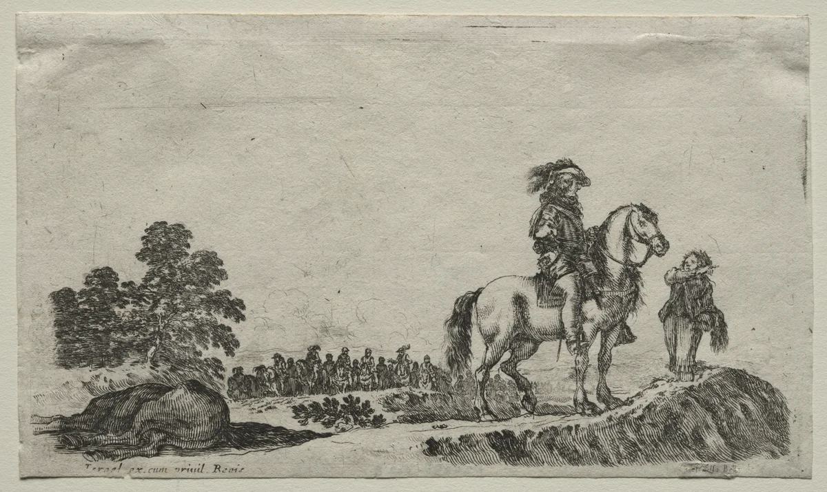 Various Figures and Landscapes: A Lost Horseman Enquiring the Way by Stefano della Bella, print, 1649