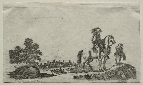 Various Figures and Landscapes: A Lost Horseman Enquiring the Way by Stefano della Bella, print, 1649