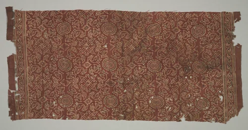 Fragment with geese circling lotus medallions by Unknown, textile, 1400-1499