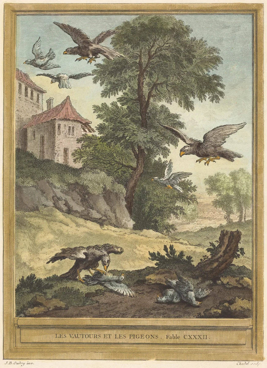 Les vautours et les pigeons (Vultures and Pigeons) by Quentin-Pierre Chedel; Jean-Baptiste Oudry, print, 1756